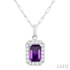 6x4 MM Octagonal Shape Amethyst and 1/6 Ctw Round Cut Diamond Halo Semi-Precious Pendant with Chain in 10K White Gold