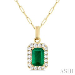 6x4 MM Octagonal Shape Emerald and 1/6 Ctw Round Cut Diamond Halo Precious Pendant with Chain in 14K Yellow Gold