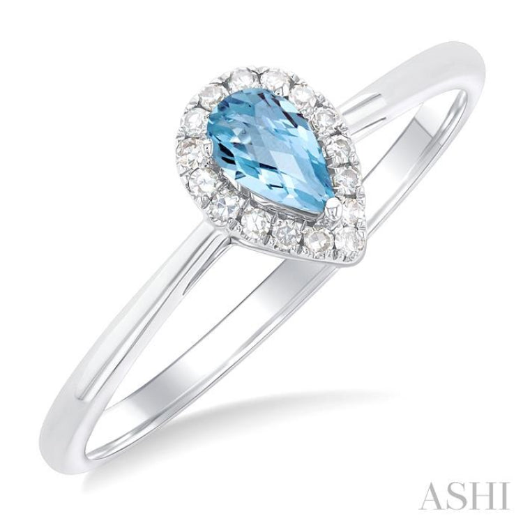 5x3 MM Pear Shape Aquamarine and 1/20 Ctw Single Cut Diamond Halo Semi-Precious Ring in 10K White Gold