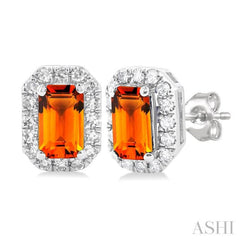5x3 MM Octagonal Shape Citrine and 1/8 Ctw Single Cut Diamond Halo Semi-Precious Stud Earrings in 14K White Gold