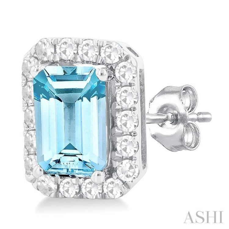 6x4 MM Octagonal Shape Aquamarine and 1/4 Ctw Round Cut Diamond Halo Semi-Precious Stud Earrings in 10K White Gold