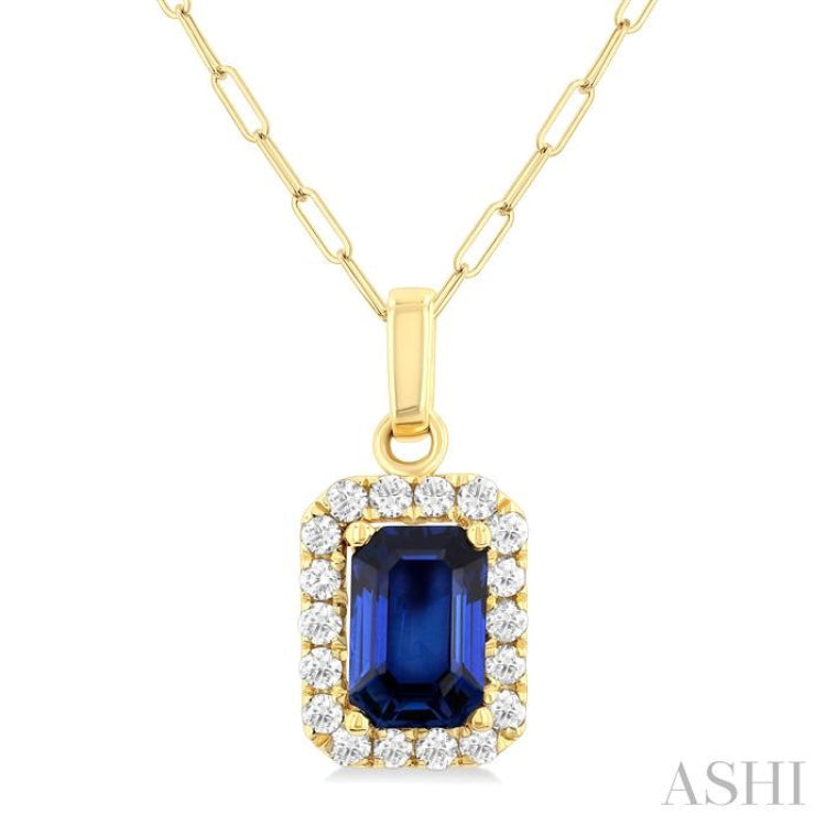 6x4 MM Octagonal Shape Sapphire and 1/6 Ctw Round Cut Diamond Halo Precious Pendant with Chain in 10K Yellow Gold