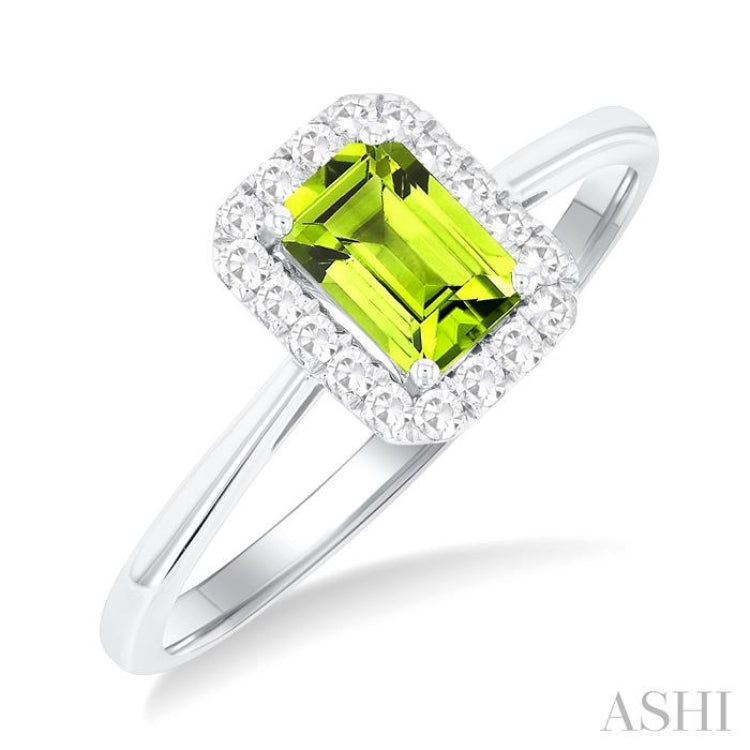 6x4 MM Octagonal Shape Peridot and 1/6 Ctw Round Cut Diamond Halo Semi-Precious Ring in 14K White Gold