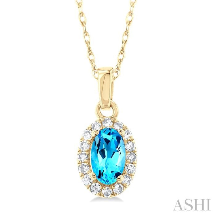 5x3 MM Oval Shape Blue Topaz and 1/20 Ctw Single Cut Diamond Halo Semi-Precious Pendant with Chain in 14K Yellow Gold