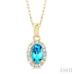 5x3 MM Oval Shape Blue Topaz and 1/20 Ctw Single Cut Diamond Halo Semi-Precious Pendant with Chain in 14K Yellow Gold