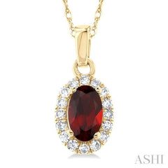 5x3 MM Oval Shape Garnet and 1/20 Ctw Single Cut Diamond Halo Semi-Precious Pendant with Chain in 14K Yellow Gold