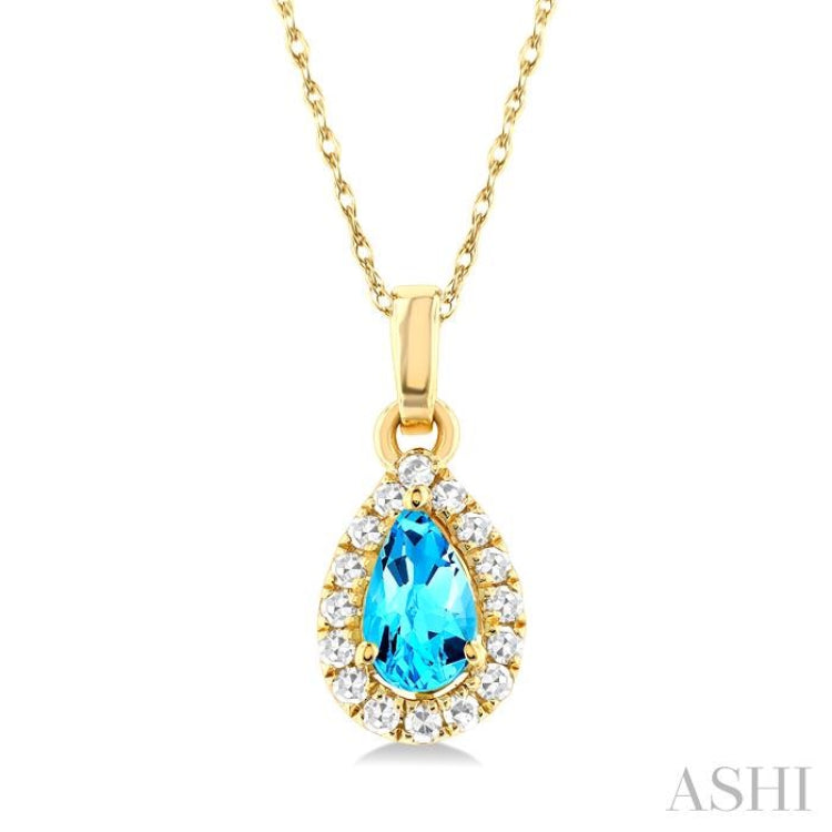 5x3 MM Pear Shape Blue Topaz and 1/20 Ctw Single Cut Diamond Halo Semi-Precious Pendant with Chain in 14K Yellow Gold
