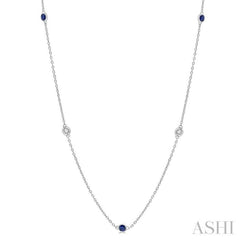 2.25 MM Sapphire and 1/4 Ctw Round Cut Diamond Precious Station Necklace in 14K White Gold