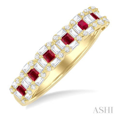 2 MM Princess Cut Ruby and 1/2 Ctw Baguette & Round Cut Diamond Precious Ring in 14K Yellow Gold