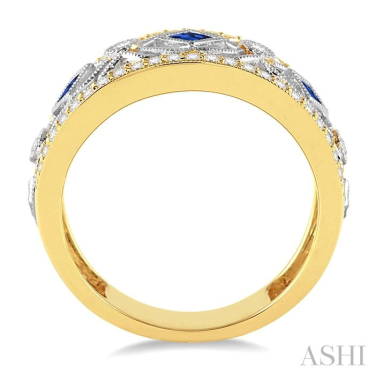 2.2&2.6 MM Princess Cut Sapphire and 1/3 Ctw Round Cut Diamond Precious Band in 14K Yellow and White Gold