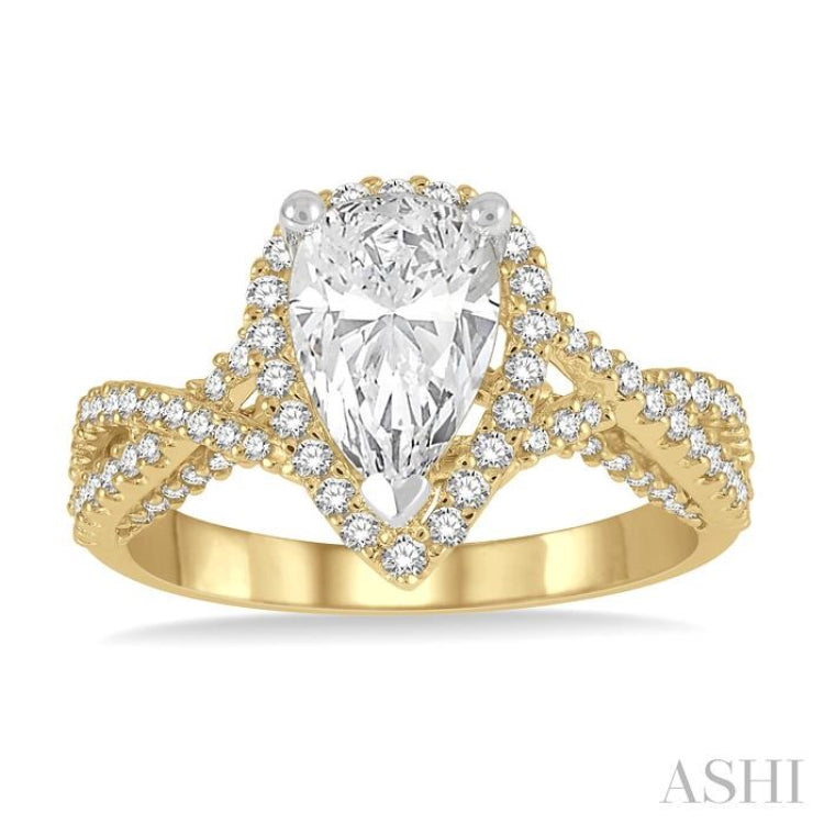 1/2 Ctw Pear Shape Criss Cross Shank Round Cut Diamond Semi-Mount Engagement Ring in 14K Yellow and White gold