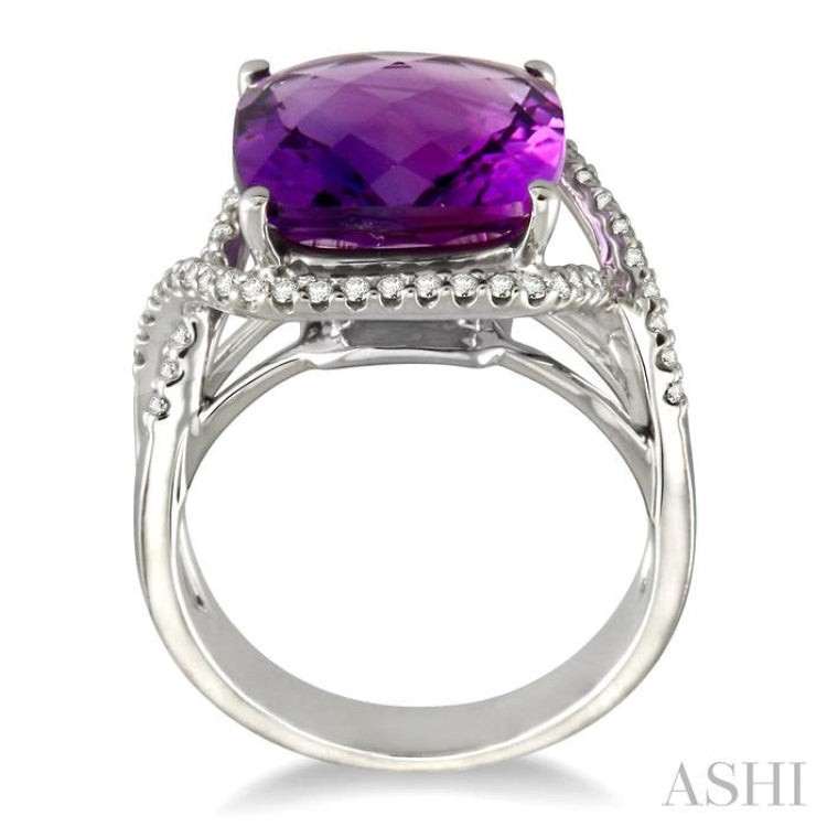 12x12 MM Cushion Cut Amethyst and 1/3 Ctw Round Cut Diamond Semi-Precious Ring in 14K White Gold