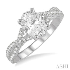 5/8 Ctw Oval Shape Split Criss Cross Shank Round Cut Diamond Semi-Mount Engagement Ring in 14K White Gold