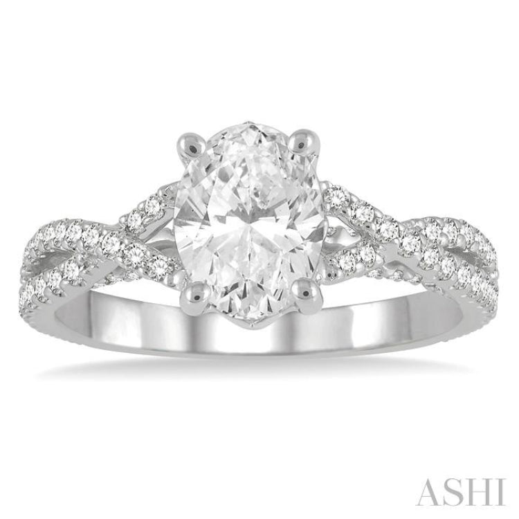 5/8 Ctw Oval Shape Split Criss Cross Shank Round Cut Diamond Semi-Mount Engagement Ring in 14K White Gold