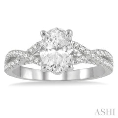 5/8 Ctw Oval Shape Split Criss Cross Shank Round Cut Diamond Semi-Mount Engagement Ring in 14K White Gold