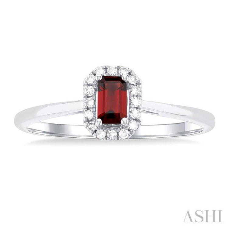 5x3 MM Octagonal Shape Garnet and 1/20 Ctw Single Cut Diamond Halo Semi-Precious Ring in 10K White Gold