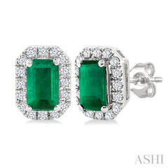 5x3 MM Octagonal Shape Emerald and 1/8 Ctw Single Cut Diamond Halo Precious Stud Earrings in 10K White Gold