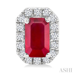 5x3 MM Octagonal Shape Ruby and 1/8 Ctw Single Cut Diamond Halo Precious Stud Earrings in 10K White Gold
