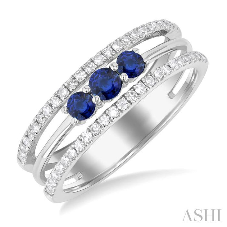 3.2 MM, 2.7 MM Round Cut Sapphire & 1/4 Ctw Round Cut Diamond Past, Present and Future Precious Layered Fashion Ring in 10K White Gold