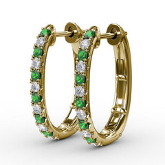 Alternaing Emerald and Diamond Hoop Earrings 
