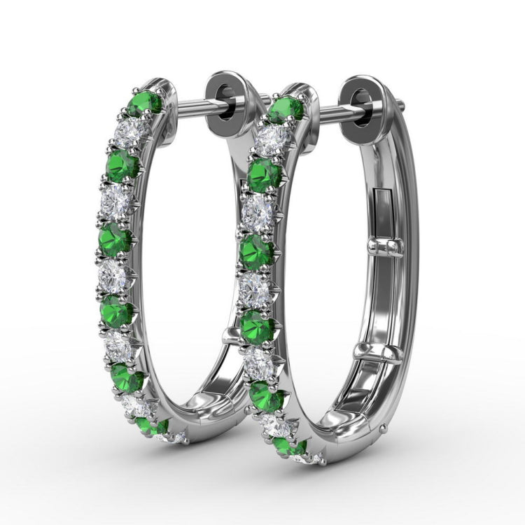 Alternaing Emerald and Diamond Hoop Earrings 