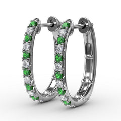 Alternaing Emerald and Diamond Hoop Earrings 