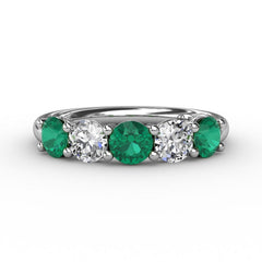 Chunky Emerald and Diamond Shared Prong Anniversary Band