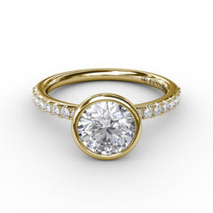 Contemporary Bezel-Set Round Diamond Solitaire Engagement Ring With Diamond Band