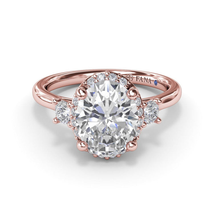 Three Stone Diamond Halo Engagement Ring