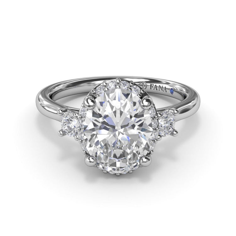 Three Stone Diamond Halo Engagement Ring