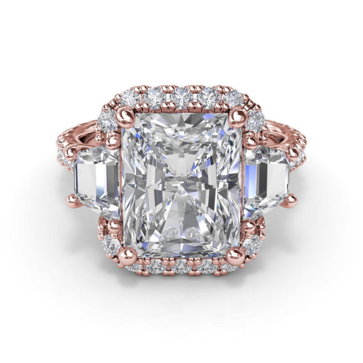 Three Stone Halo Diamond Engagement Ring