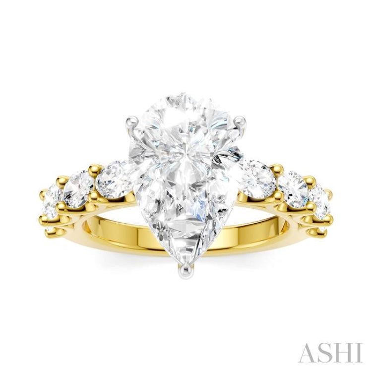 1 1/3 Ctw Pear Shape Oval and Round Cut Diamond Semi-Mount Engagement Ring in 14K Yellow and White Gold