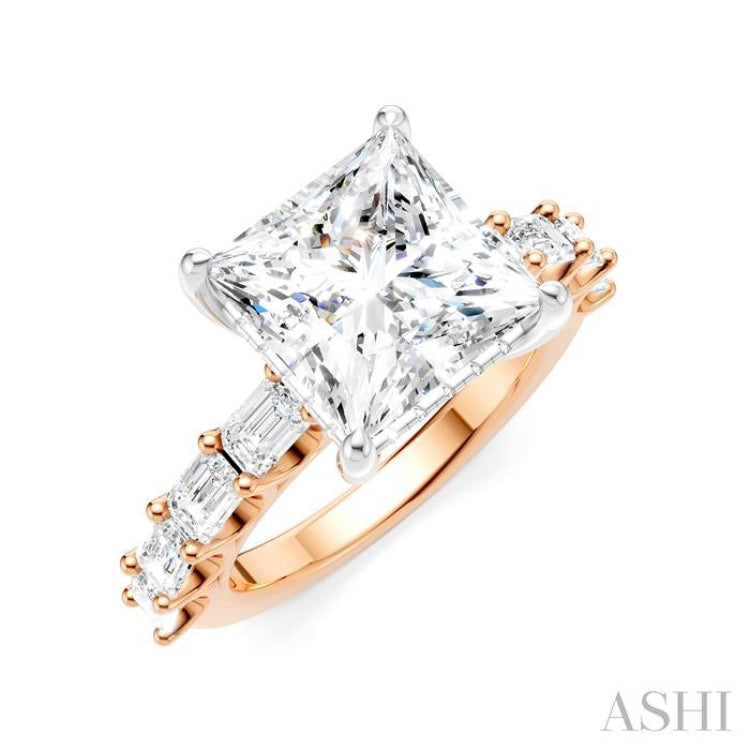 1 1/3 Ctw Princess Shape Emerald and Round Cut Diamond Semi-Mount Engagement Ring in 14K Rose and White Gold