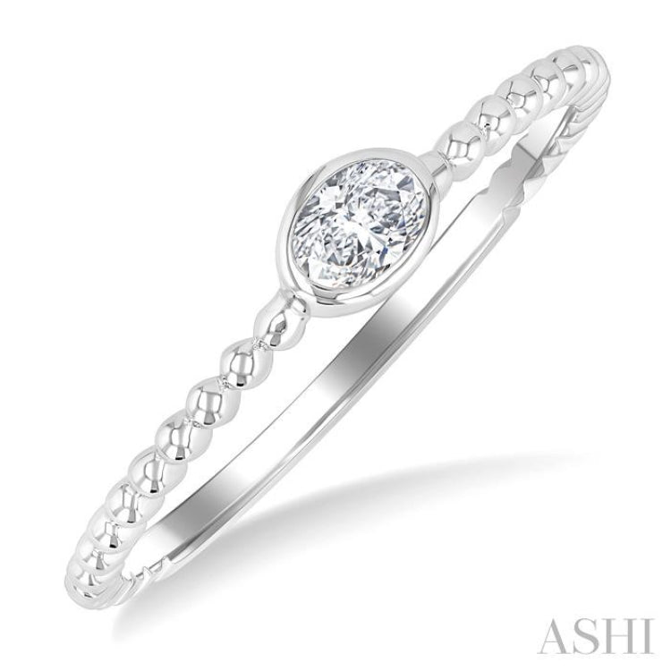 1/6 Ctw Ball Bead East-West Bezel Set Oval Cut Diamond Stackable Petite Fashion Ring in 14K White Gold