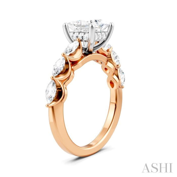 3/4 Ctw Princess Shape Marquise and Round Cut Diamond Semi-Mount Engagement Ring in 14K Rose and White Gold