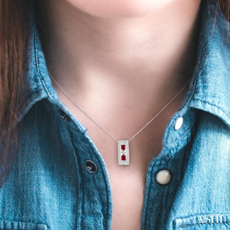 3x3 MM Princess Cut Ruby and 1/5 Ctw Round Cut Diamond Precious Pendant in 14K White Gold with Chain