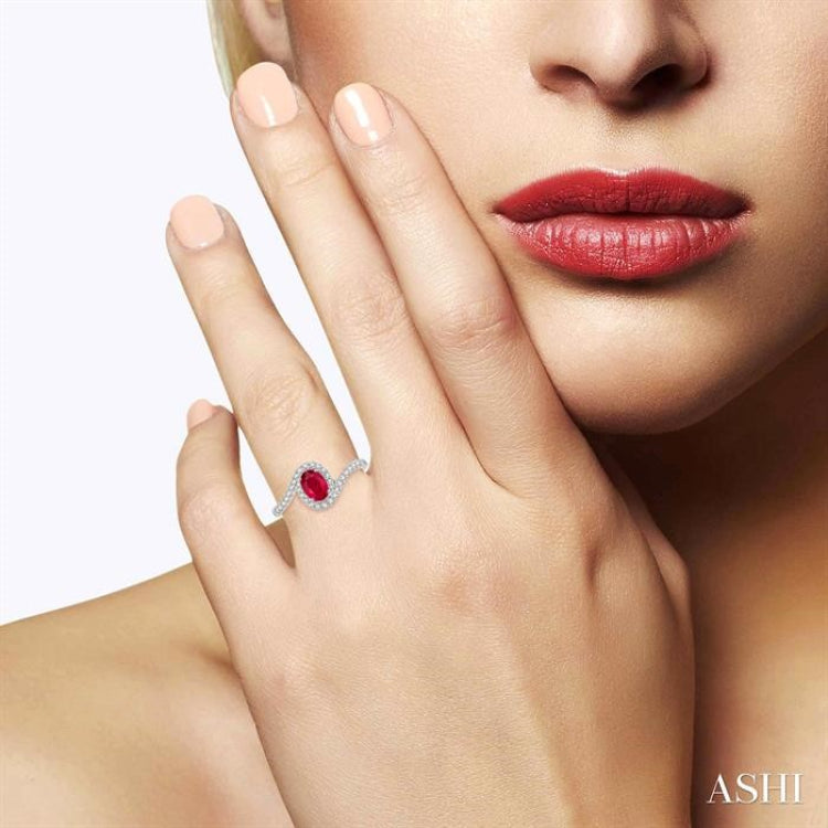6x4 MM Embraced Oval Shape Ruby and 1/5 Ctw Round Cut Diamond Precious Ring in 10K White Gold