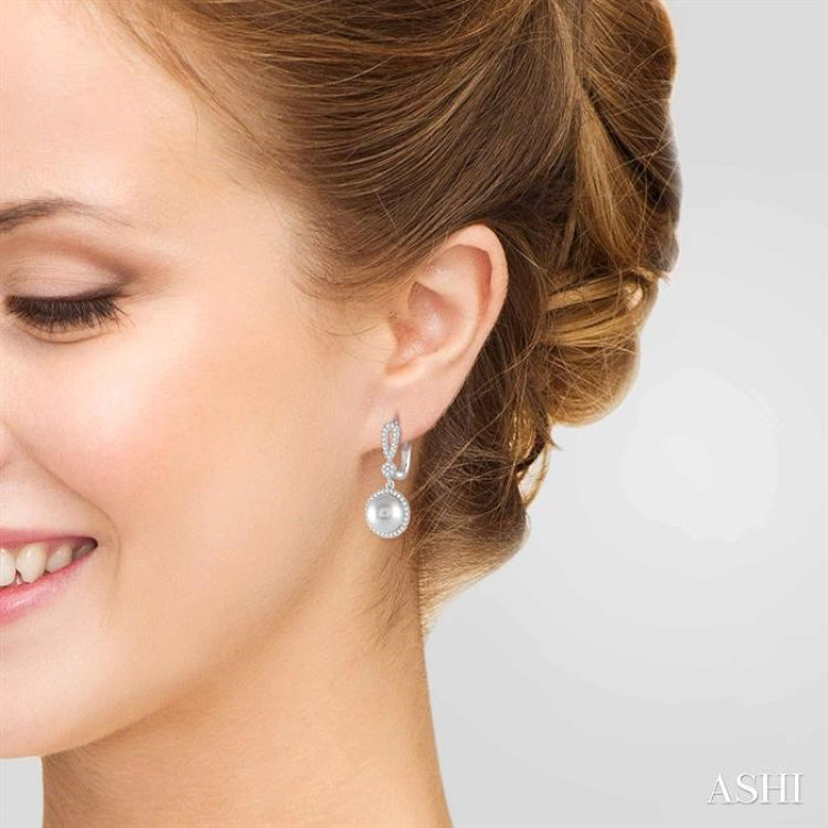 8 MM Cultured Pearls and 1/3 Ctw Round Cut Diamond Earrings in 14K White Gold