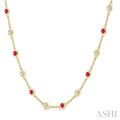 2.4 MM Round Shape Ruby and 7/8 Ctw Round Cut Diamond Precious Station Necklace in 14K Yellow Gold