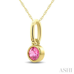 3X3 MM Round Shape Pink Tourmaline Bezel Set Semi-Precious Solitaire Pendant With Chain in 10K Yellow Gold
