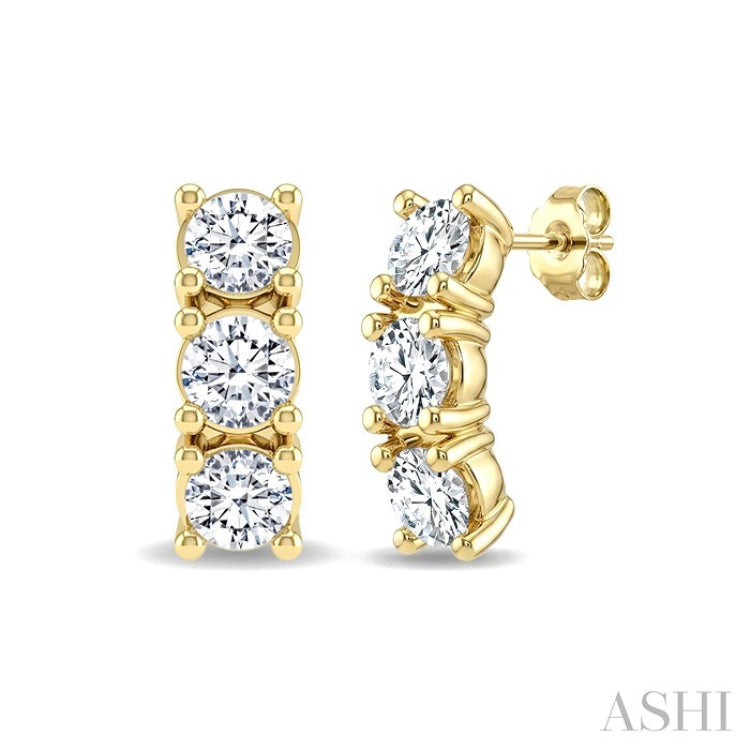 1/4 Ctw 3-Stone Round Cut Diamond Fashion Earrings in 14K Yellow Gold