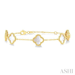 8 MM Mother of Pearl Bead Clover Halo Station Bracelet in 14K Yellow Gold