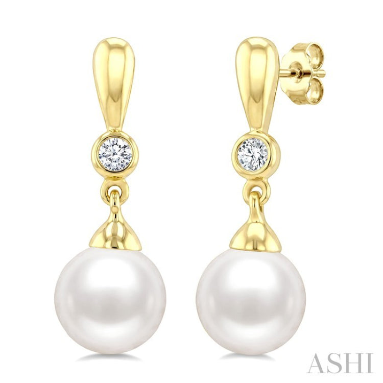 6 MM White Cultured Pearl and 1/20 Ctw Round Cut Diamond Earrings in 10K Yellow Gold