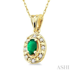 5x3 MM Oval Shape Emerald and 1/20 Ctw Single Cut Diamond Pendant in 14K Yellow Gold with Chain