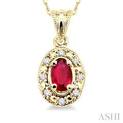 5x3 MM Oval Shape Ruby and 1/20 Ctw Single Cut Diamond Pendant in 14K Yellow Gold with Chain