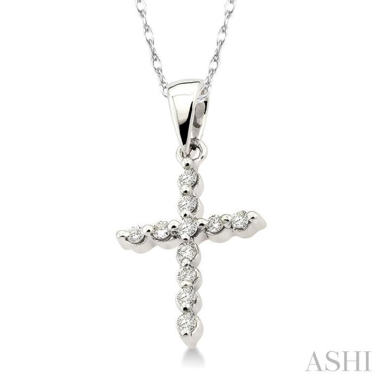 1/10 Ctw Round Cut Diamond Cross Petite Pendant in 14K White Gold with Chain