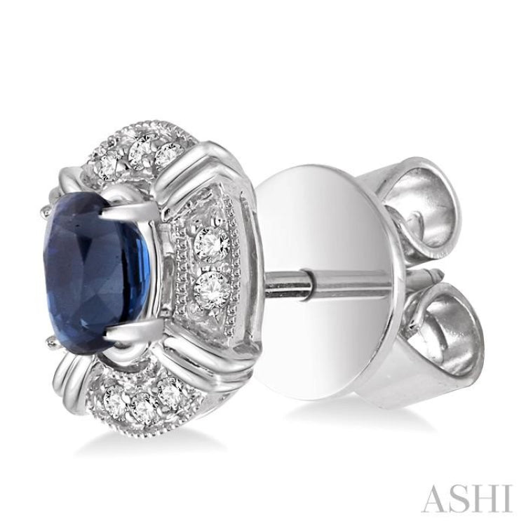 5x3 MM Oval Cut Sapphire and 1/10 Ctw Round Cut Diamond Earrings in 10K White Gold