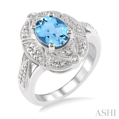 9x7 MM Oval Cut Blue Topaz and 1/50 Ctw Single Cut Diamond Ring in Sterling Silver
