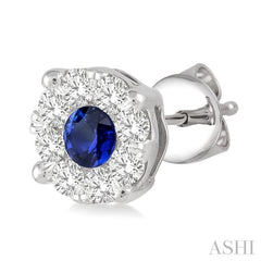 3.3 MM Round Cut Sapphire and 1/2 Ctw Lovebright Diamond Precious Earrings in 14K White Gold