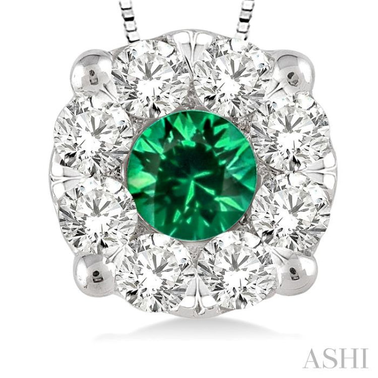 3.8 MM Round Cut Emerald and 1/3 Ctw Lovebright Precious Pendant in 14K White Gold with Chain